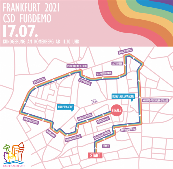 Die Route für die Fußdemo des diesjährigen CSD in Frankfurt (Quelle: csd-frankfurt.de)
